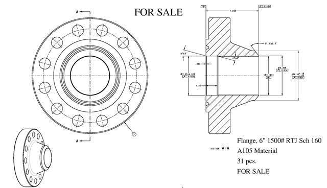 FOR SALE: Flanges, ANSI 6'' 1500# RTJ Weld Neck Sch 160 A105 Material.